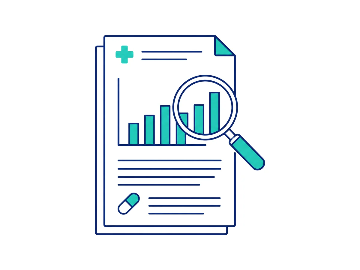Line illustration of a research paper with a bar chart and a magnifying glass