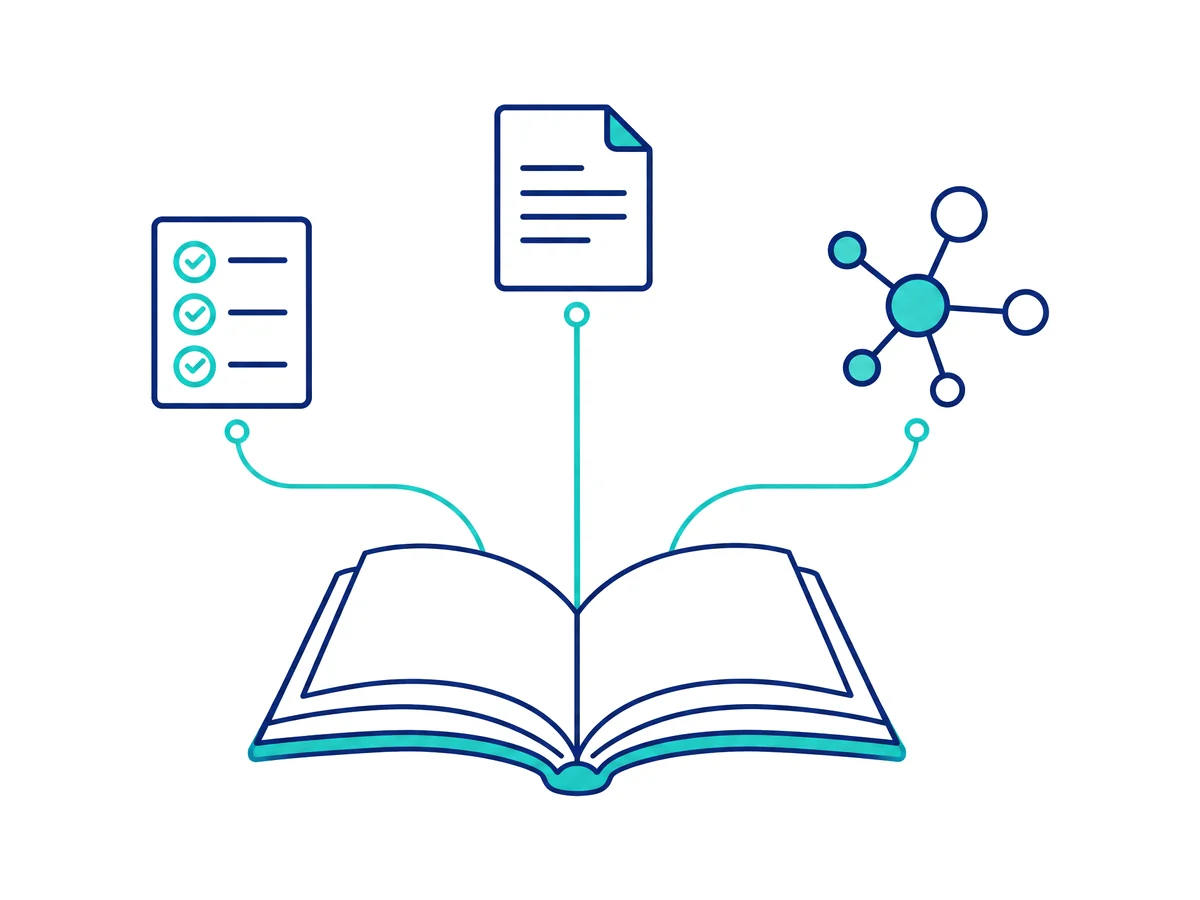 Line illustration of an open book linked to a document, a checklist and a molecule